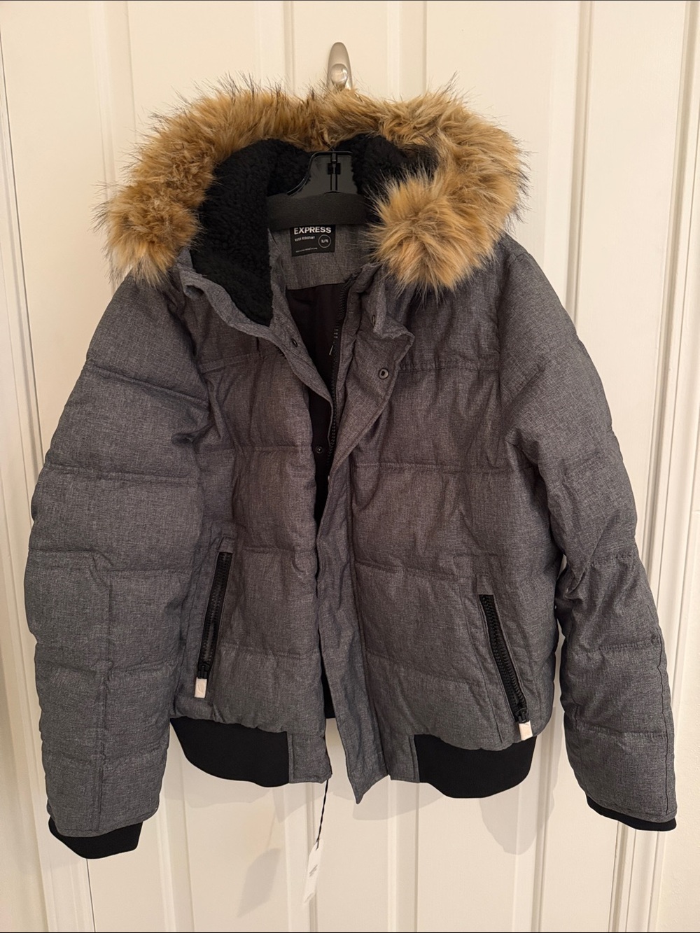 Express Gray Puffer Jacket with Faux-Fur Hood Trim